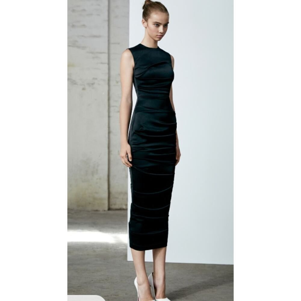 Alex Perry Damon Midi Dress Women's Plus 18 Black Satin Ruched Sleeveless